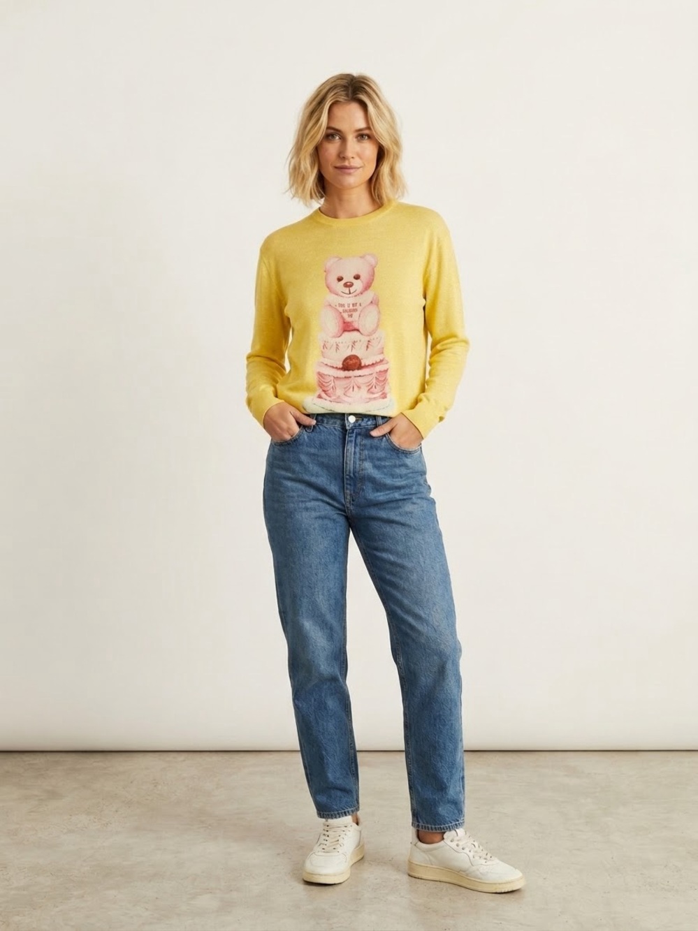 NWT $1030 MOSCHINO Teddy Bear Graphic Wool Sweater In Yellow Size XXS